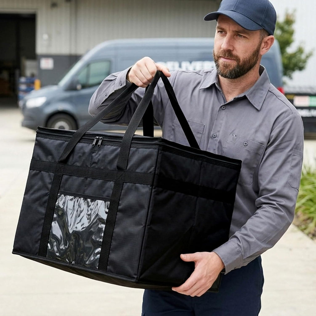 70L Insulated Thermal Bag for Food Delivery – Extra Large Cooler Bag, Heavy Duty Foldable Cool Bag for Grocery Shopping, Picnic & Commercial Use (Black)