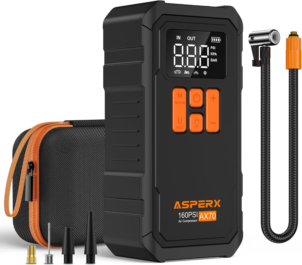 Tire Inflator Portable Air Compressor- 160PSI & 10000Mah Portable Air Pump with Carrying Case, LCD Display & LED Light, 3X Fast Inflation for Car, Bike, Motorcycle, Balls and More(Black)