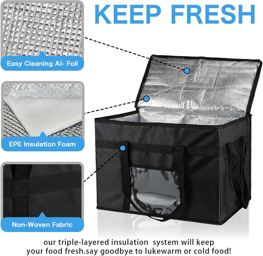 70L Insulated Thermal Bag for Food Delivery – Extra Large Cooler Bag, Heavy Duty Foldable Cool Bag for Grocery Shopping, Picnic & Commercial Use (Black)