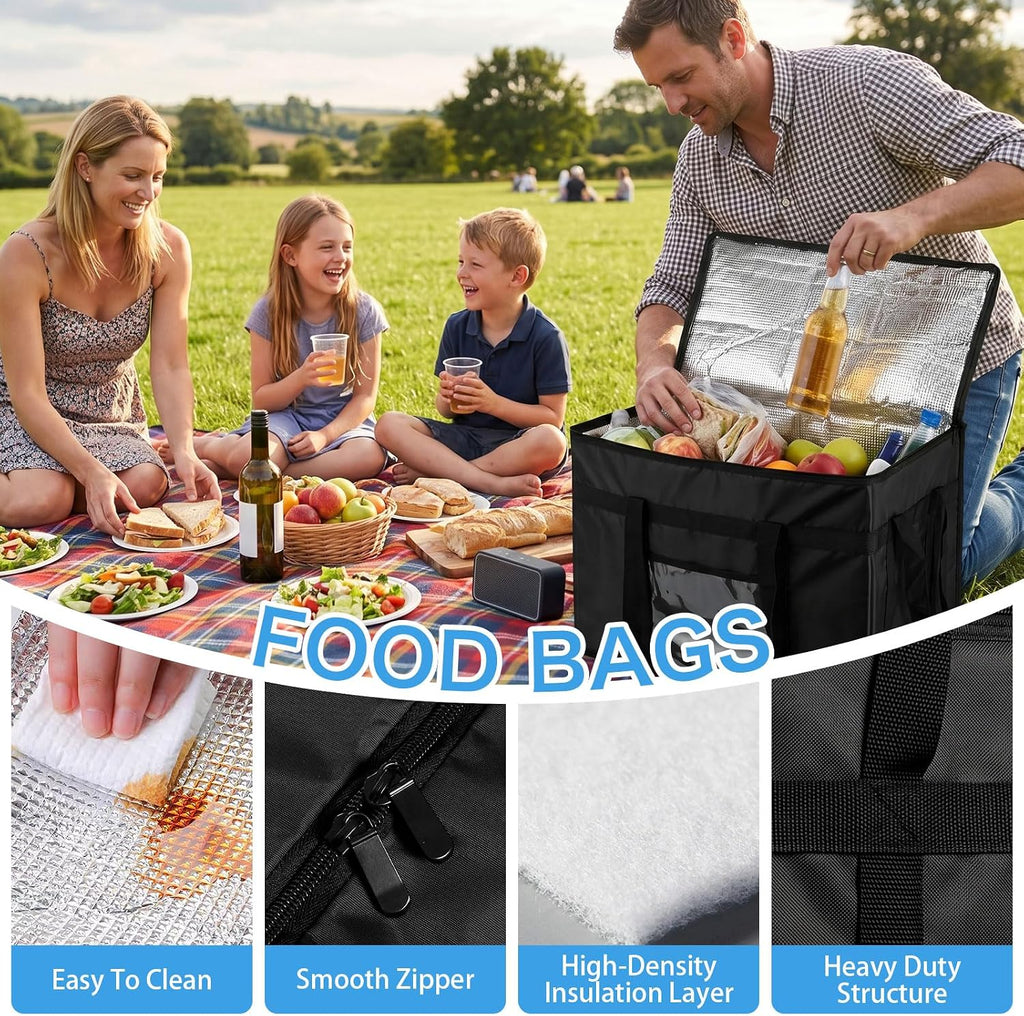 70L Insulated Thermal Bag for Food Delivery – Extra Large Cooler Bag, Heavy Duty Foldable Cool Bag for Grocery Shopping, Picnic & Commercial Use (Black)