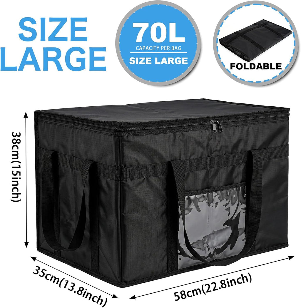 70L Insulated Thermal Bag for Food Delivery – Extra Large Cooler Bag, Heavy Duty Foldable Cool Bag for Grocery Shopping, Picnic & Commercial Use (Black)