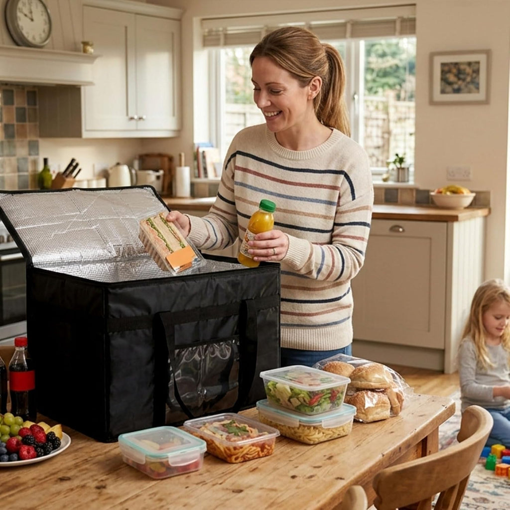 70L Insulated Thermal Bag for Food Delivery – Extra Large Cooler Bag, Heavy Duty Foldable Cool Bag for Grocery Shopping, Picnic & Commercial Use (Black)