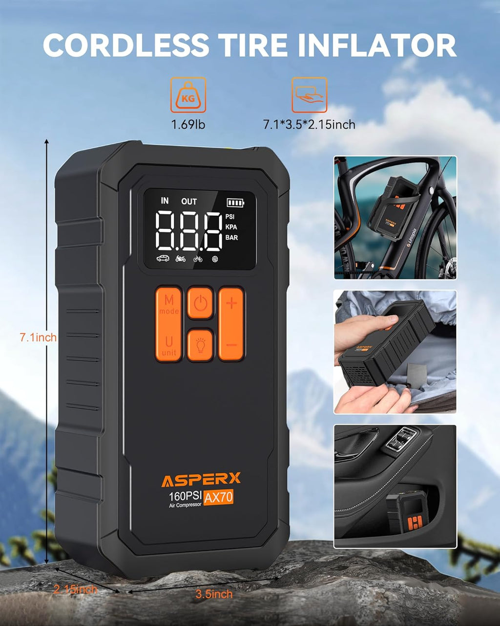 Tire Inflator Portable Air Compressor- 160PSI & 10000Mah Portable Air Pump with Carrying Case, LCD Display & LED Light, 3X Fast Inflation for Car, Bike, Motorcycle, Balls and More(Black)